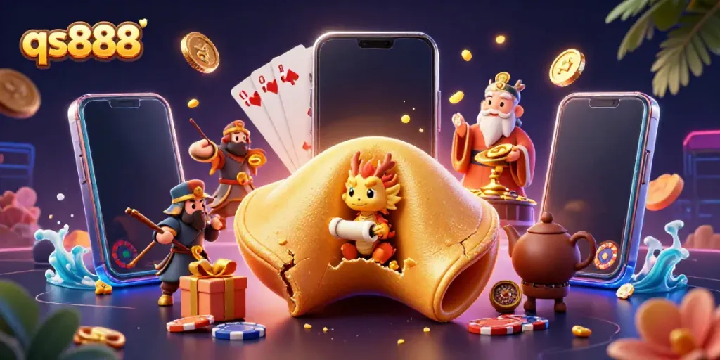 Experience thrilling games at qs888, showcasing a wealth of casino elements in a vibrant digital illustration.