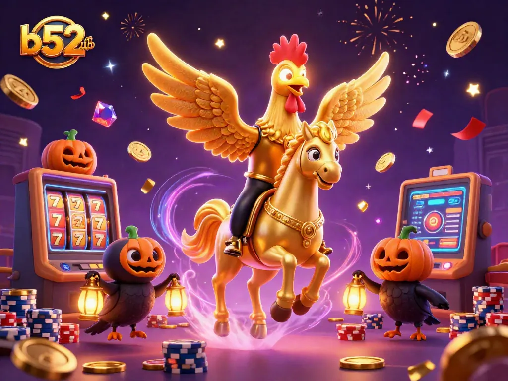 Spin the reels at b52club with golden rooster and crow companions amid a dazzling casino.