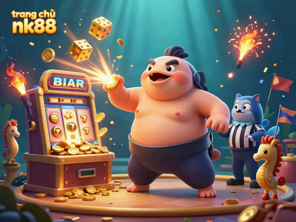 Engaging scene showcasing the lively underwater casino theme of trang chủ nk88 with vibrant characters and slot gaming elements.