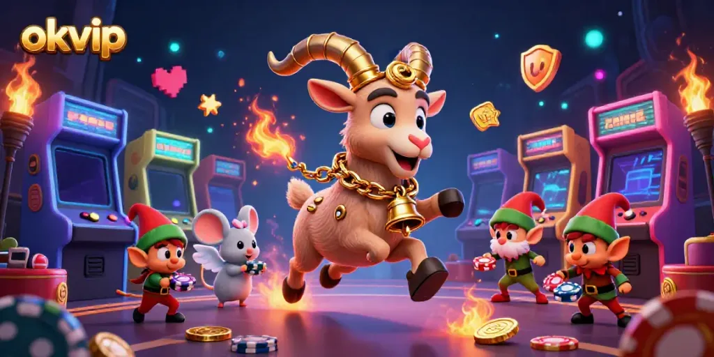okvip casino scene featuring a festive Krampus goat and angel mouse among vibrant gaming elements.