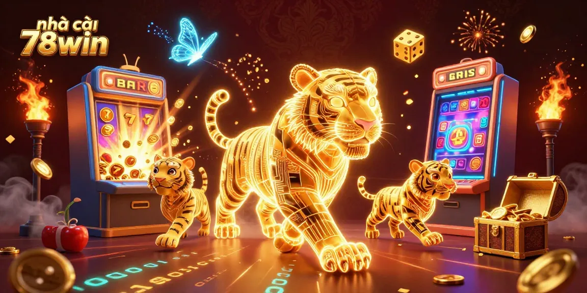 Engage with nhà cái 78win as the golden tiger navigates a dynamic 3D casino landscape filled with vibrant gaming elements.