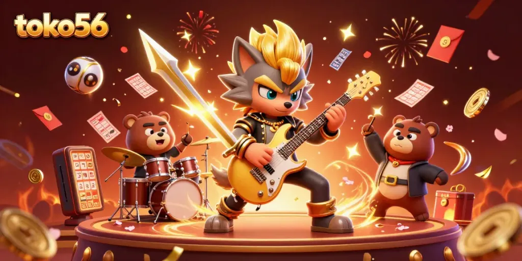 Experience the excitement of winning with toko56 as a 3D rock star wolf and drummer bear celebrate on a vibrant gaming stage.