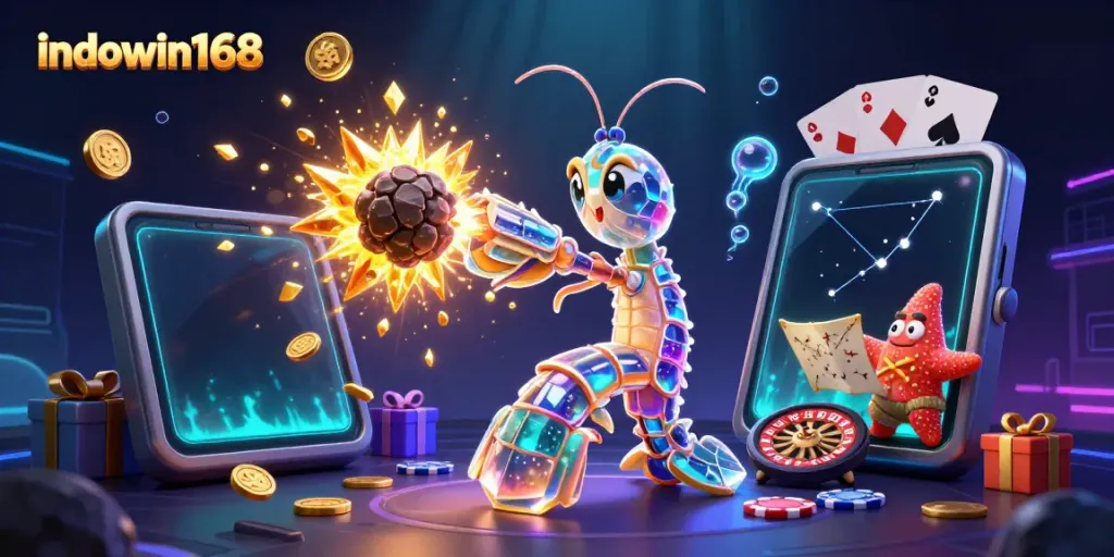 Menangkan jackpot dengan indowin168 dalam ilustrasi kasino digital yang penuh warna.