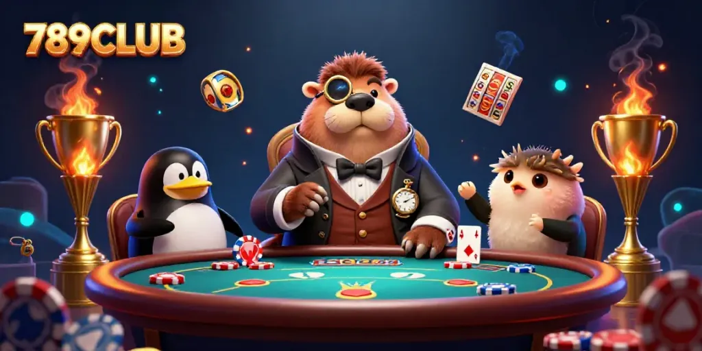 Experience diverse gaming elements with 789CLUB’s animated casino scene featuring charismatic characters engaged in poker.