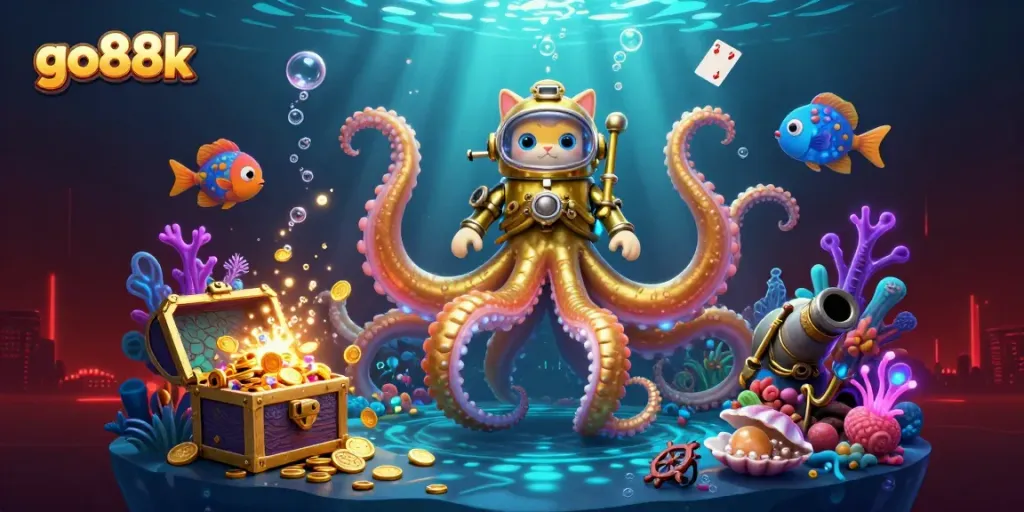 Experience go88k's vibrant gaming world with a kraken, vintage diver, and bioluminescent creatures.