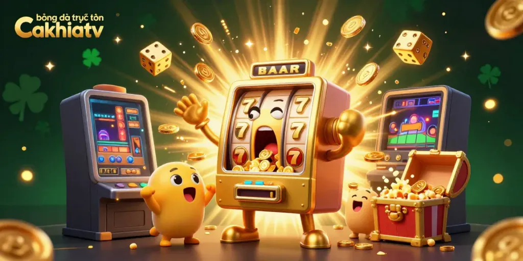 bóng đá trực tuyến cakhiatv celebrates big wins with slot machines, coins, and fun elements in a rich 3D illustration.
