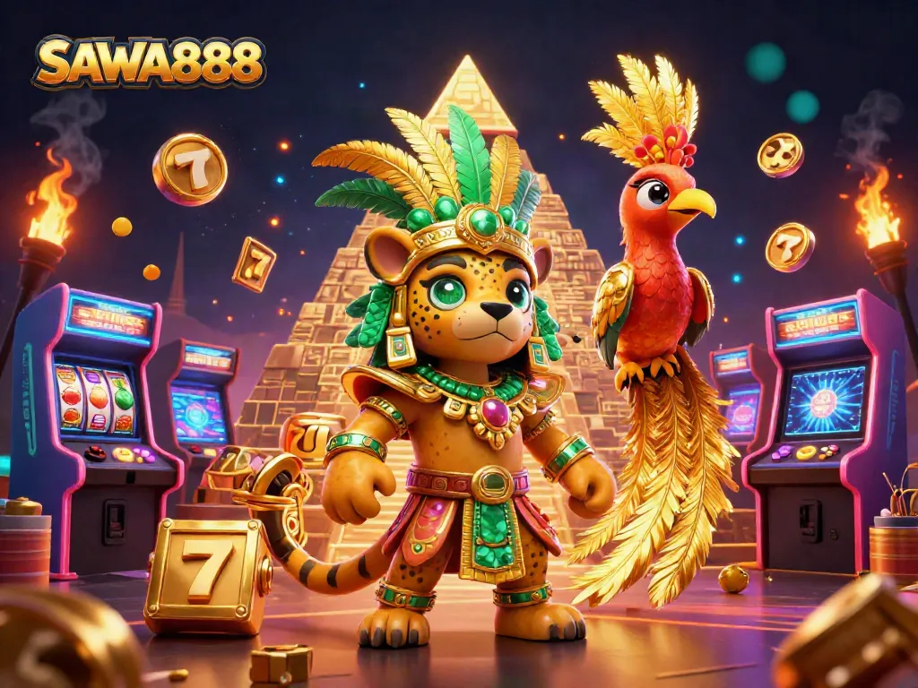Experience thrilling adventures with SAWA888 in a dynamic casino-themed illustration