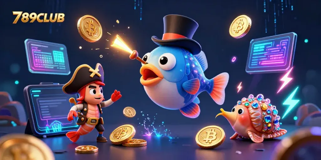 A cartoon deep-sea anglerfish attracting coins for players at 789CLUB in an exciting underwater scene.