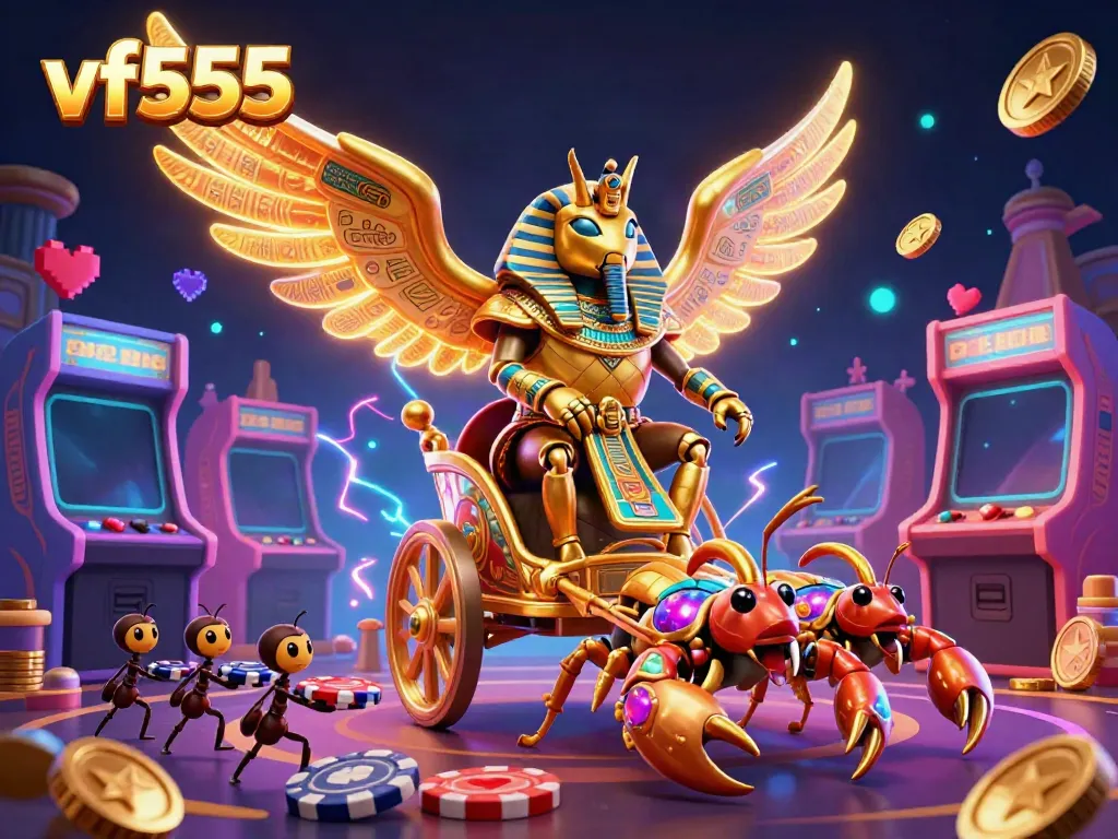 Engage with the vf555 gaming universe through this vibrant 3D casino illustration depicting a colossal scarab beetle and scorpions.