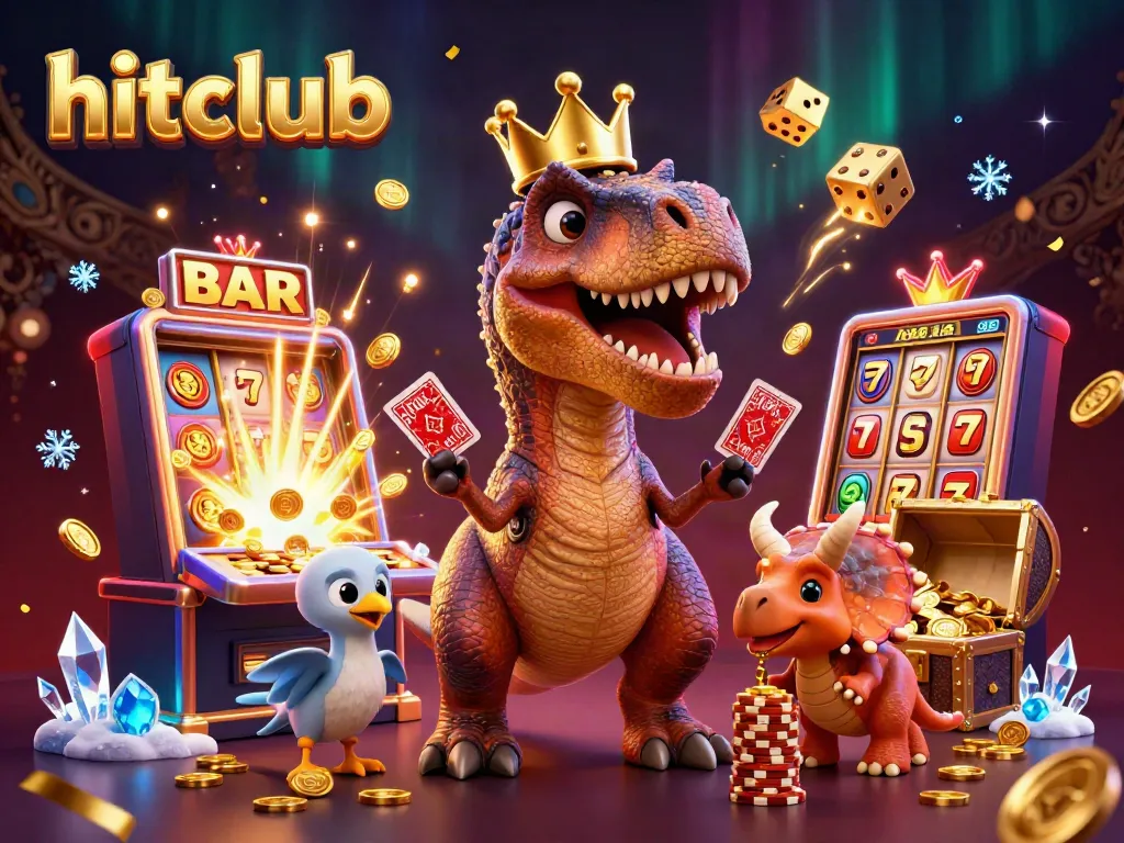 Engage with hitclub's exciting casino scene featuring a playful T-Rex dealing cards amidst a jackpot explosion.