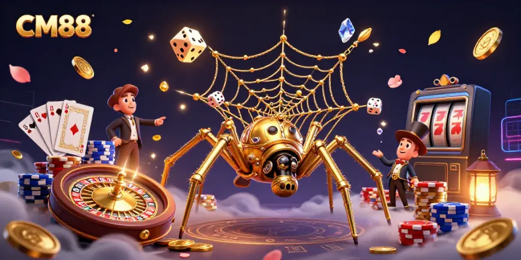 Experience the excitement of CM88 with golden coins and joyful characters in a vibrant casino scene.
