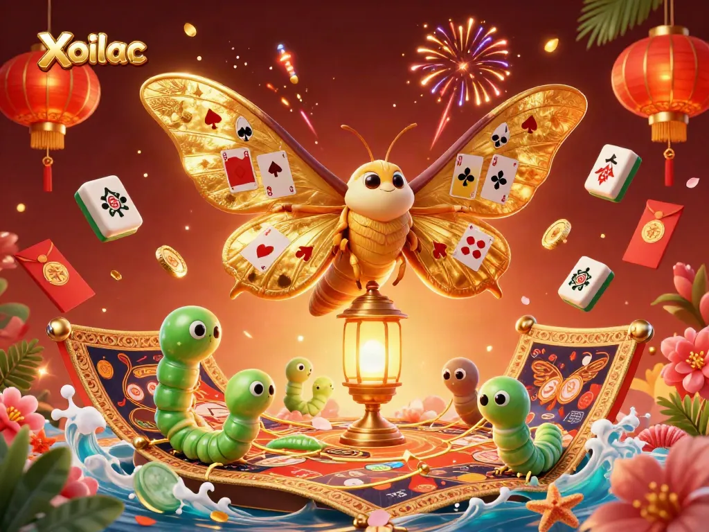 Xoilac's vibrant 3D illustration showcases a colorful atlas moth amidst casino-themed elements, enhancing the gambling experience.