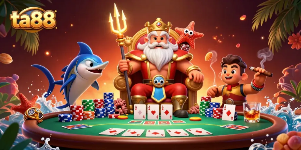 Experience ta88 with a vibrant poker scene featuring Neptune and an array of gaming elements.