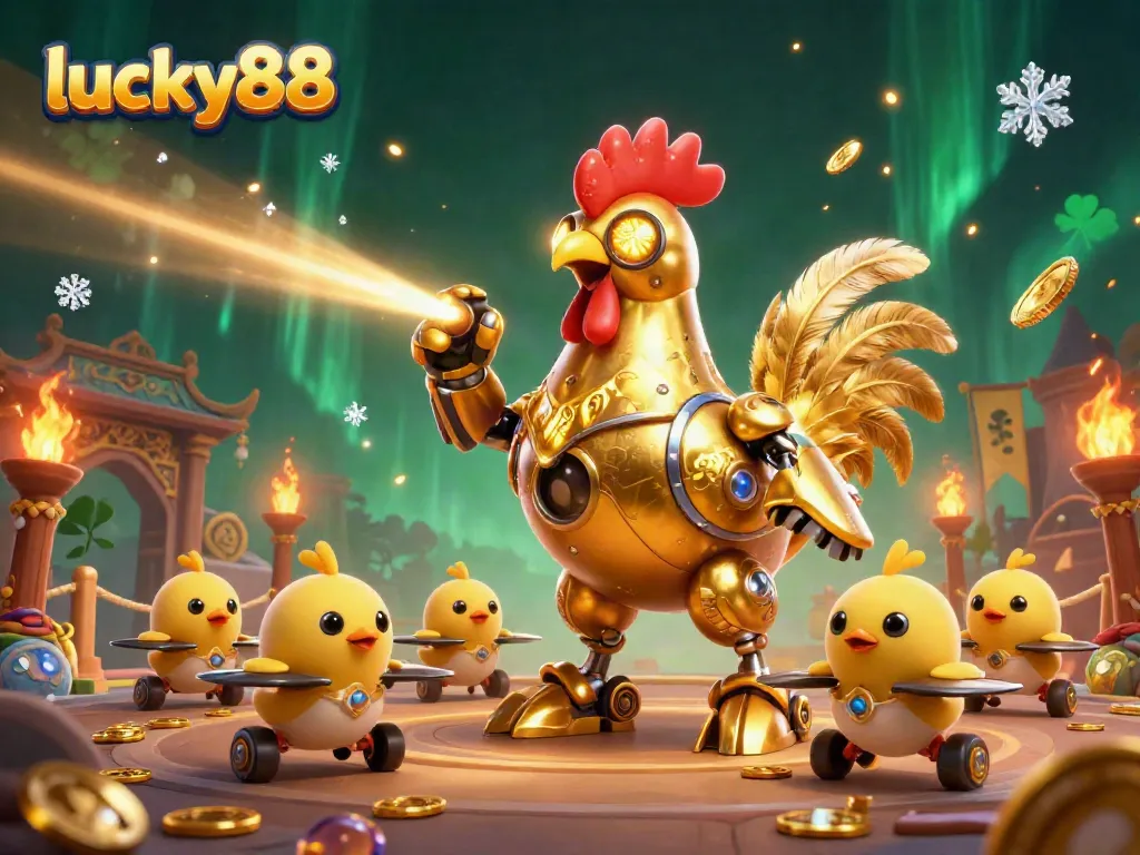 Experience exciting gameplay with lucky88, featuring a golden rooster robot and baby chick drones in a vibrant casino setting.