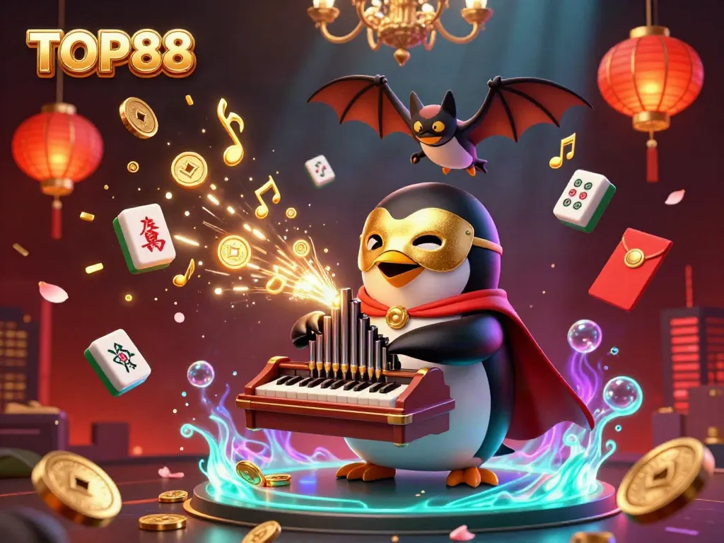 Experience the vibrant casino atmosphere with TOP88 as a phantom penguin plays a golden organ amidst fireworks.