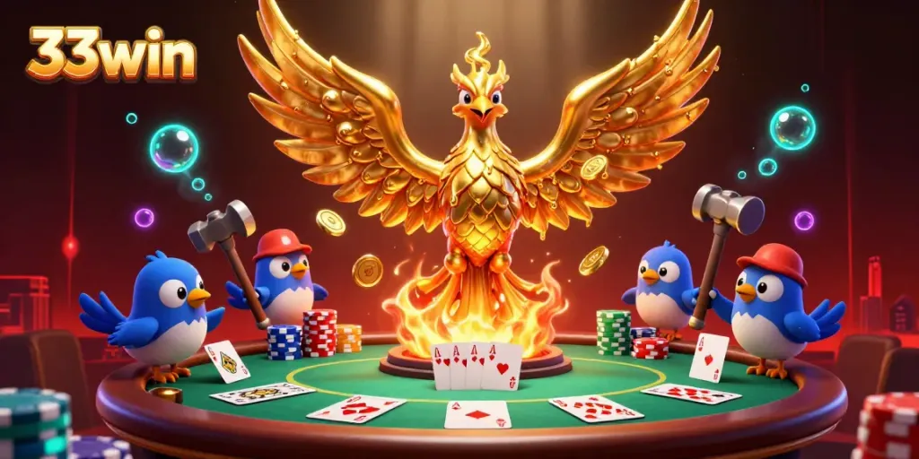 Experience the thrill of 33win with a golden phoenix and dynamic poker elements in a captivating scene.