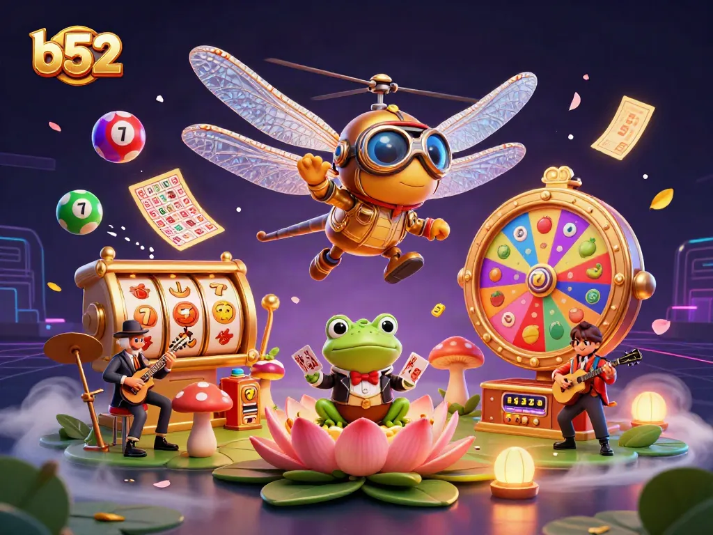 Bets on exciting b52 slots amid colorful visuals at a whimsical lily pad casino.