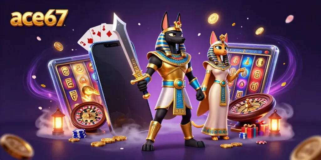 Explore thrilling gameplay strategies at ace67 with Anubis and Bastet, illustrated in a rich casino setting.