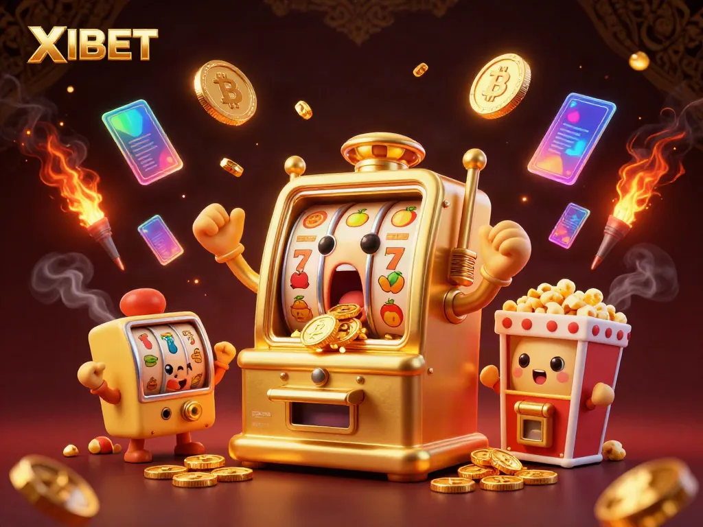XIBET showcases a lively scene with a vibrant golden slot machine winning big, surrounded by cheers and dazzling coins in action.