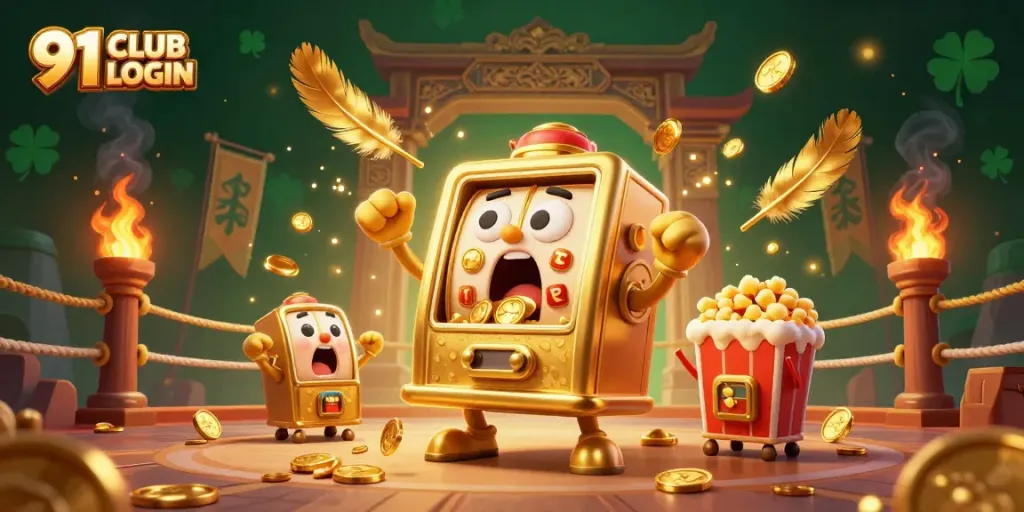 Engage with 91 CLUB LOGIN as a golden slot machine celebrates a jackpot in a vibrant casino atmosphere.