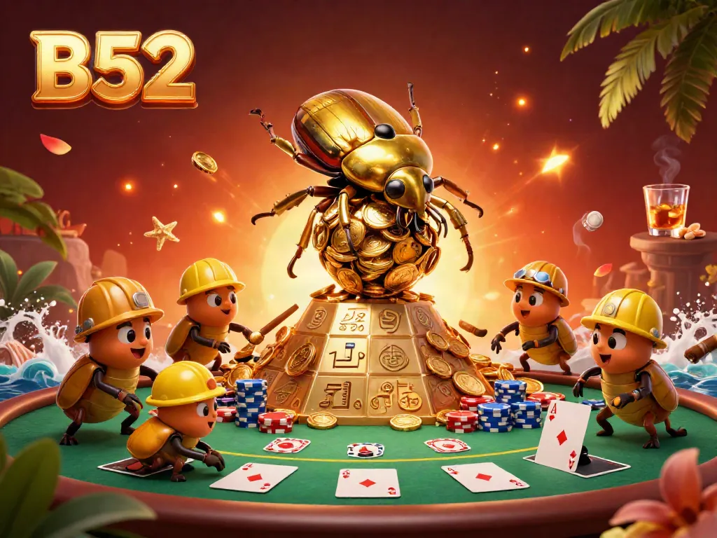 Engage with the vibrant B52 gaming world featuring a golden beetle navigating a pyramid of coins, capturing the casino's essence.