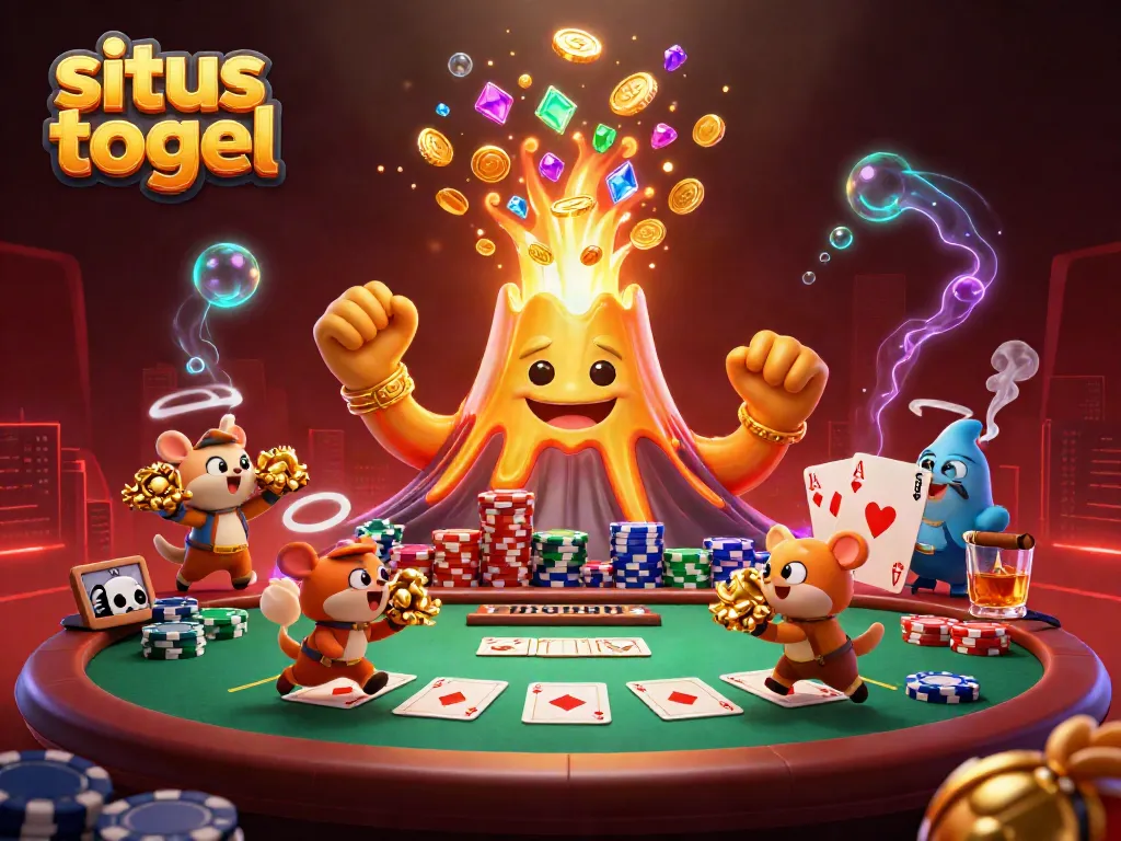 Exciting scene of situs togel with a golden volcano and treasure-fleeing animals amidst poker elements.